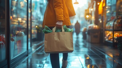 Person in a yellow coat walks through a market, carrying a paper bag filled with groceries in both hands