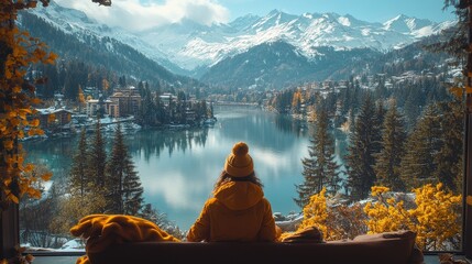 Wall Mural - Person in a yellow jacket and hat enjoys a serene mountain and lake view surrounded by trees and cozy decor