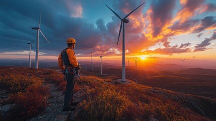 Wall Mural - Person in safety gear standing on a hill with wind turbines in the background against a sunset