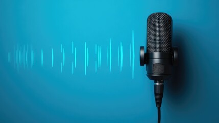 Wall Mural - A black microphone with a blue background and sound wave behind it.