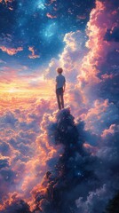 Sticker - Person stands on a cloud-covered peak, gazing at a stunning sunset with vibrant clouds and a starry sky