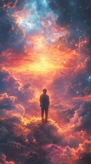 Wall Mural - Person stands on ethereal clouds, gazing at a vibrant, glowing sky filled with mesmerizing colors and cosmic wonders