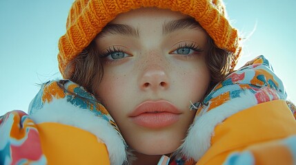 Canvas Print - Person wearing an orange knitted hat and colorful winter jacket looks closely into the camera against a bright sky