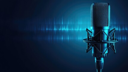 Wall Mural - Professional condenser microphone on a blue background with sound waves behind it.