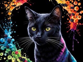 Naklejka na meble A vibrant digital artwork featuring a black cat with a colorful splash of fruits and paint in the background