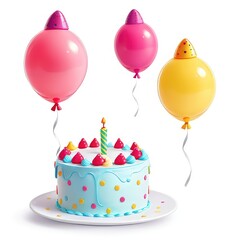 Wall Mural - birthday cake with candles and balloons isolated on white background