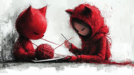 Red hooded girl and a red cat-like creature are knitting together with red yarn on a gray background