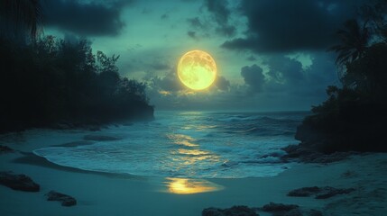 Wall Mural - Serene beach at night, illuminated by a large full moon reflecting off the calm ocean waters