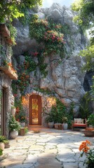 Wall Mural - Serene courtyard features stone walls, lush greenery, blooming flowers, a wooden bench, and a wooden door leading inside