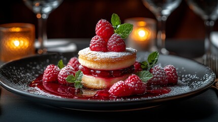 Wall Mural - Showcases a dessert of layered sponge cakes with raspberries, mint leaves, powdered sugar, and raspberry sauce on a plate