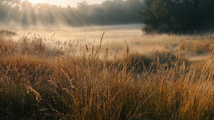 Golden Grass Field Bathed in Morning Mist