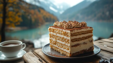 Wall Mural - Slice of layered cake sits on a plate beside a cup of coffee, with a lake and mountains behind