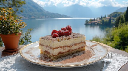 Wall Mural - Slice of dessert with raspberries on top is on a plate near a scenic lake view with mountains