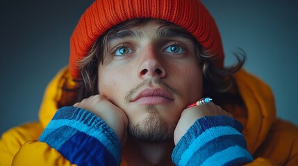 Wall Mural - Thoughtful person with blue eyes and a beard wears an orange beanie and yellow jacket, resting their chin on hands