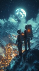 Wall Mural - Two astronauts stand on a snowy mountain, overlooking a glowing city below and a full moon illuminating the starry sky