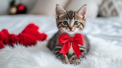 Adorable kitten with a red bow sitting on a cozy white blanket during the holiday season