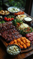 Wall Mural - Variety of grilled meats, vegetables, and side dishes such as tomatoes, greens, garlic, and cheese on a table