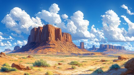 Vast desert landscape with dramatic rock formations, scattered vegetation, and a sky filled with puffy clouds