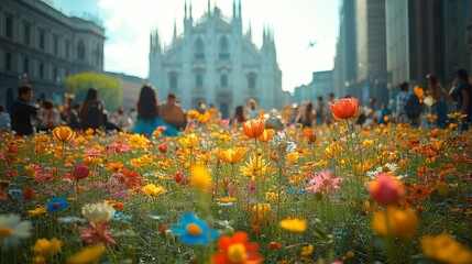 Poster - Vibrant field of colorful flowers in the foreground with people and a grand cathedral in the background