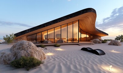 Sustainable Earthship Home in Desert Oasis, eco-friendly architecture blending with arid landscape, solar panels, natural materials, self-sufficient living