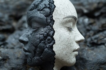 Sculpture of a split face representing duality showing black and white sides