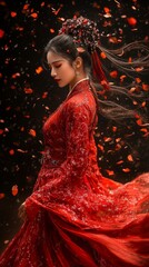 Wall Mural - Woman in a red, traditional gown stands gracefully amidst falling red petals against a dark background, evoking elegance and mystery