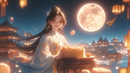 Wall Mural - Woman in traditional attire holds a tray of mooncakes under a full moon, surrounded by lanterns and festive scenery