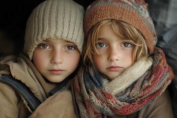 Two young refugees wearing winter clothes are waiting with hope