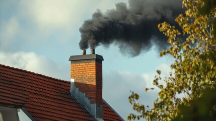 Brick chimney releasing black smoke into the atmosphere