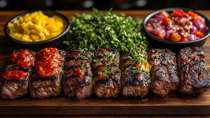 Wall Mural - Wooden board with grilled meat topped with sauce and herbs, accompanied by dishes of mango, greens, and diced vegetables