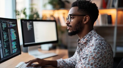 Young programmer is writing code on his computer in a modern office