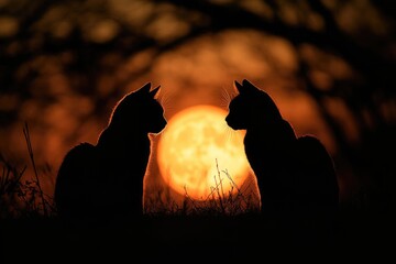 Two cats silhouetted looking at each other at sunset