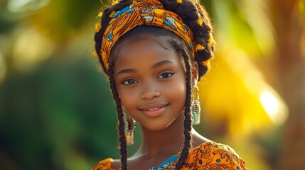 Canvas Print - Young girl with braided hair and vibrant traditional attire smiles warmly, standing against a blurred, sunlit background