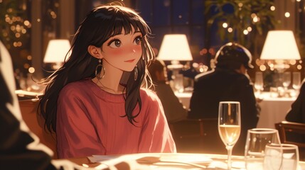 Wall Mural - Young woman with long dark hair is sitting at a beautifully lit restaurant table, surrounded by sparkling lights