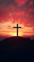 Wall Mural - A cross atop the hill with a beautiful sunrise in the background, an Easter-themed background with copy space for text