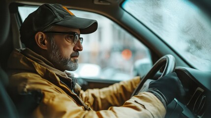 A man in a yellow jacket and a baseball cap drives a car in the snow.