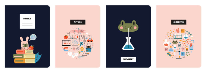 Trendy notebook covers set, vector illustration. Studying science at school, physics and chemistry. Education concept. Design with cute characters and equipment for classes