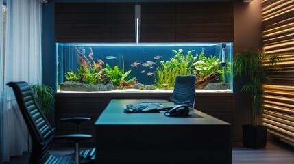 Wall Mural - A sleek office featuring a large aquarium with exotic fish and aquatic plants, illuminated by ambient lighting for a serene atmosphere.