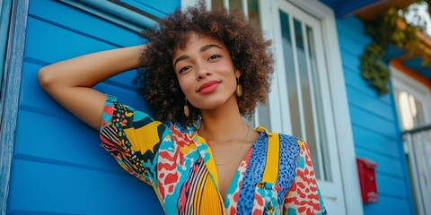 Wall Mural - A woman with curly hair is wearing a colorful dress and standing in front of a blue building. She is smiling and looking at the camera