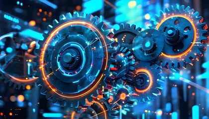 Canvas Print - Futuristic Abstract of Interconnected Gears Symbolizing Economic Integration with Financial Data Overlay and Neon Blue Accents