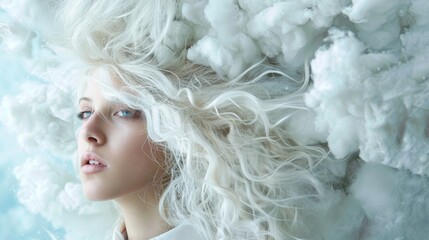 A woman with long white hair is lying on a bed with a cloud of cotton around her