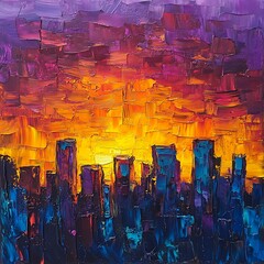 painting of a city skyline with a sunset in the background