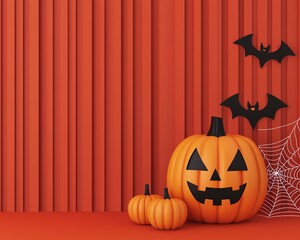 Vibrant Halloween scene featuring pumpkins, bats, and a spider web against an orange background, perfect for festive decorations.