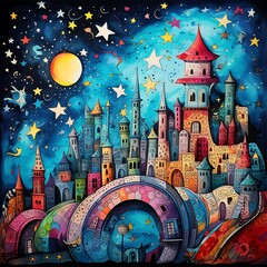 Wall Mural - painting of a castle with a bridge and a moon in the sky