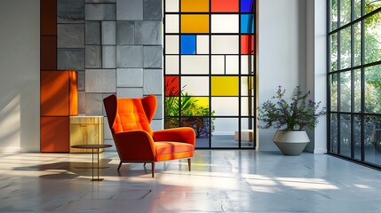 Wall Mural - brightly colored glass windows in a modern living room with a red chair