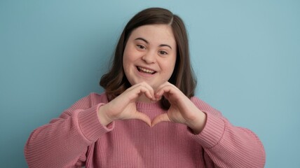 Cheerful Girl with Down Syndrome Showing Heart with Hands