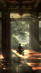 Canvas Print - arafed man sitting on the floor in a room with a view of a lake