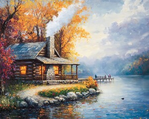 Wall Mural - painting of a cabin by a lake with a dock and a boat