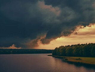 Poster - dark clouds over a lake with a boat in the water