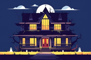 Wall Mural - illustration of a house with a full moon in the background